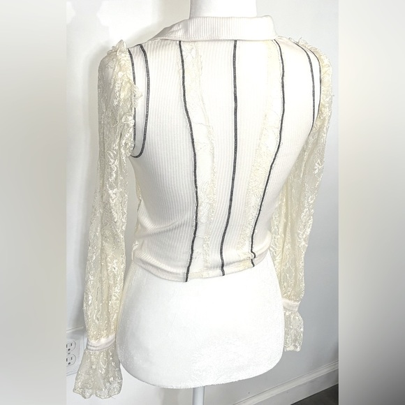 Free People soft stretchy Ivory lace & black button crop top collared blouse XS - Picture 8 of 14